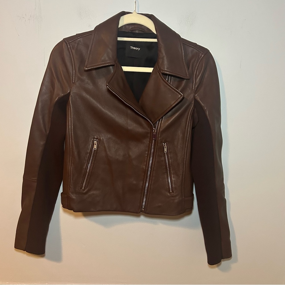 Theory Brown Lamb Leather Full-Zip Moto Jacket Size Small